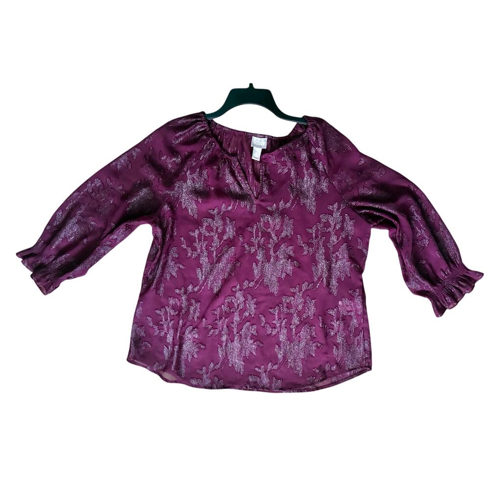 Chico’s 2 Plum/Burgundy Metallic Floral Burnout Blouse Smocked Cuff Top Large